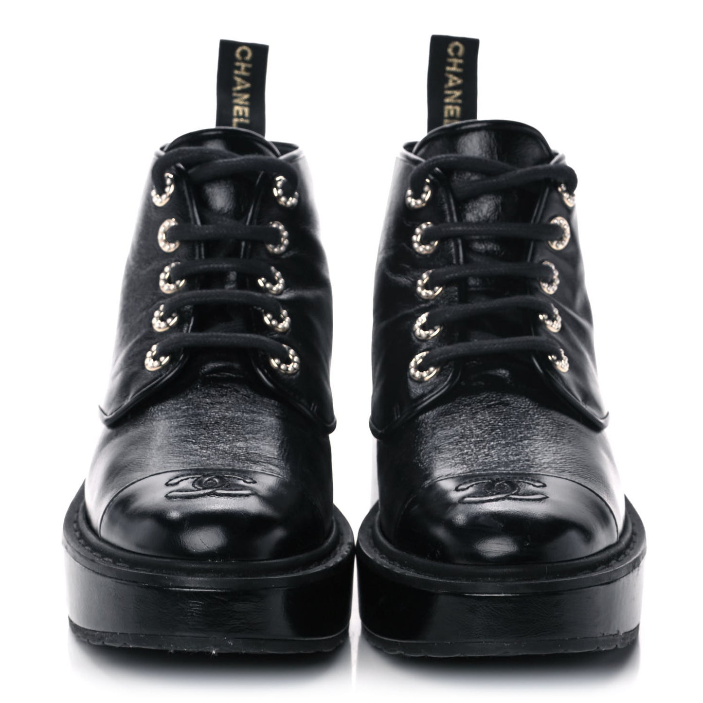 Shiny Calfskin Pearl Lace Up Combat Short Boots 38.5 Black