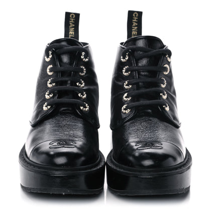 Chanel Shiny Calfskin Pearl Lace Up Combat Short Boots 38.5 Black 2 of 9