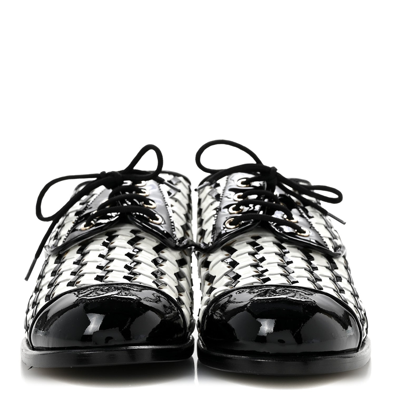 Chanel Lambskin Braided Patent CC Lace Up Oxfords 39 Black White 3 of 11