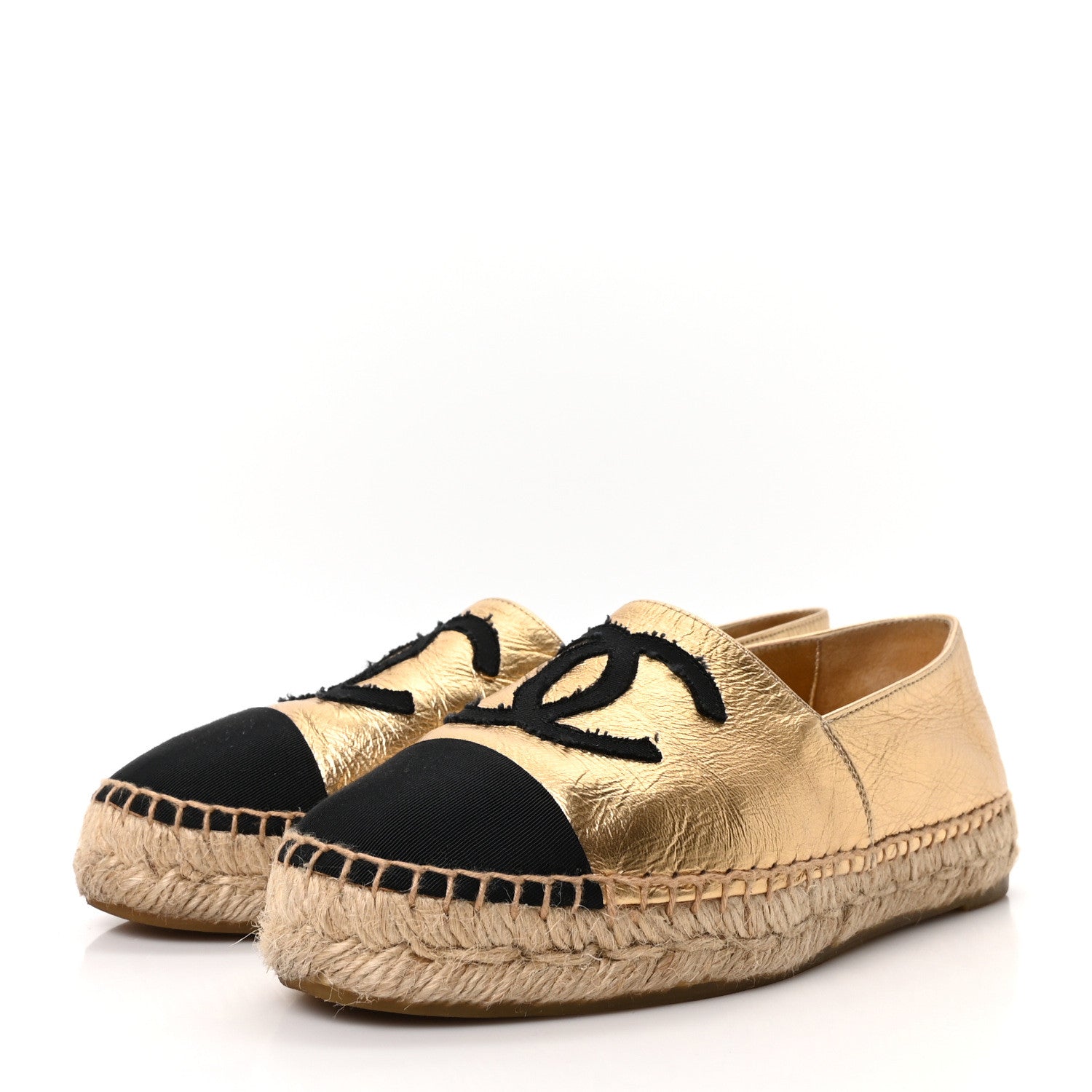 Chanel Laminated Lambskin Grosgrain CC Espadrilles 35 Gold Black 4 of 10