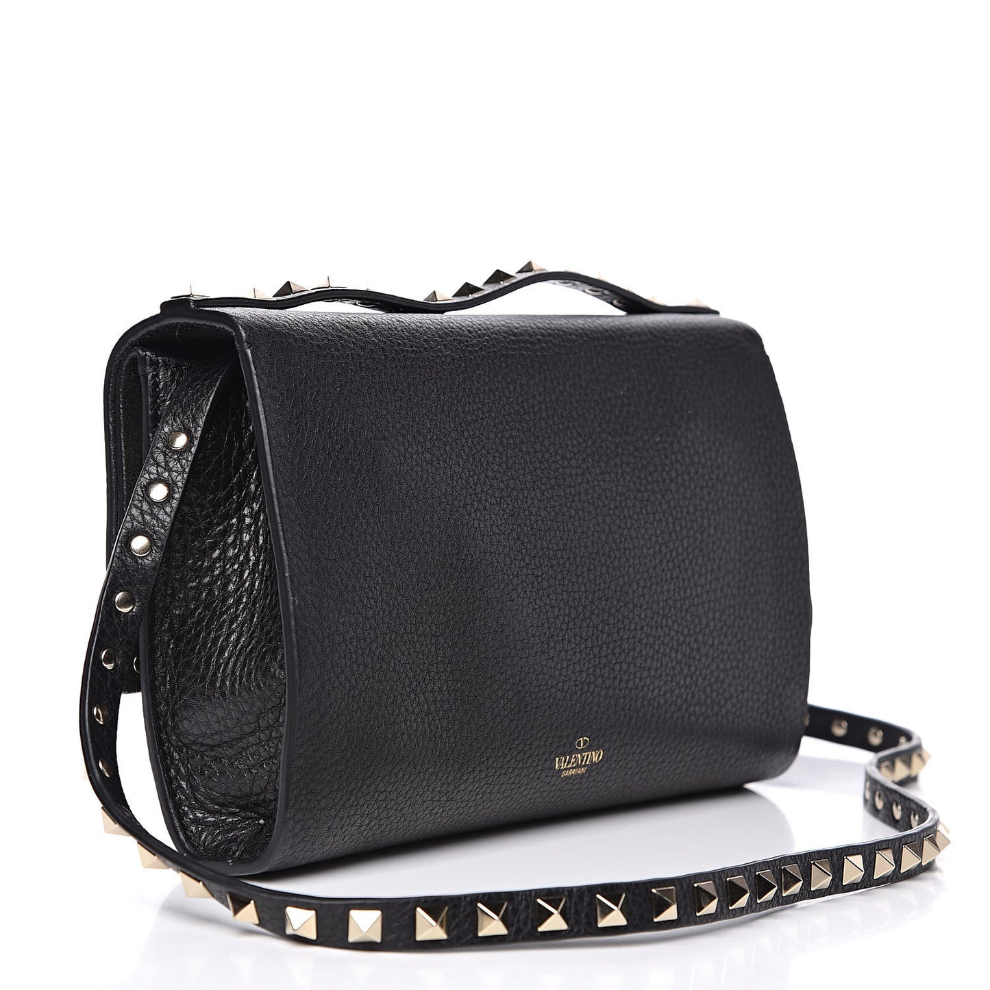 Grainy Calfskin Rockstud Double Flap Crossbody Bag Black
