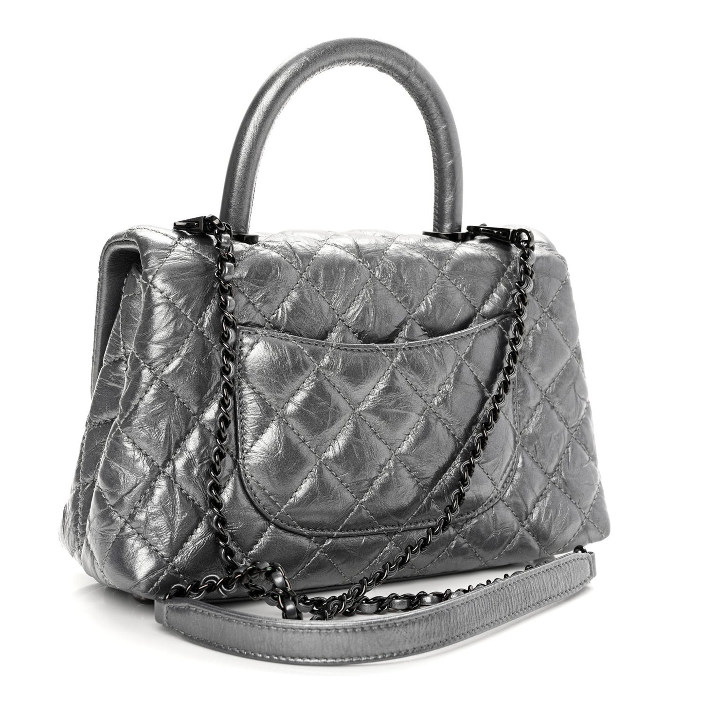Metallic Aged Calfskin Quilted Mini Coco Handle Flap Charcoal