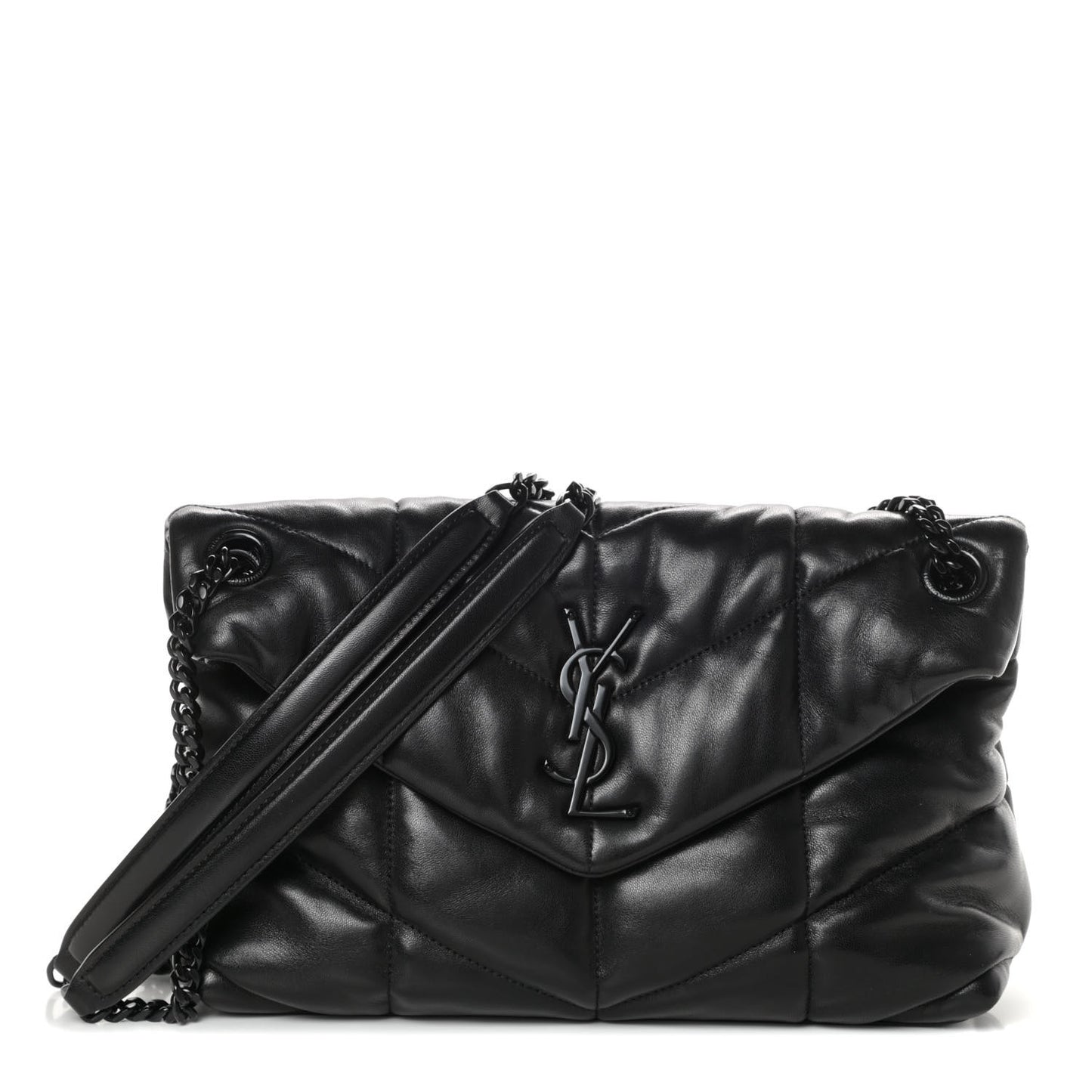 Lambskin Quilted Small Loulou Puffer Monogram Chain Satchel Black