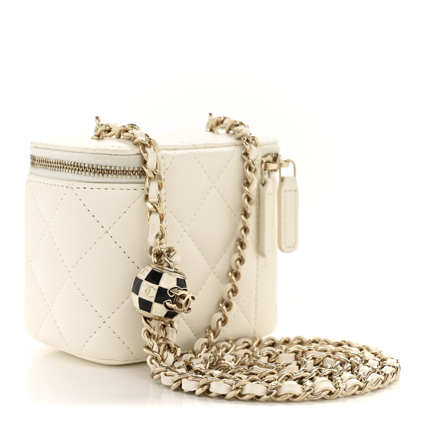 Lambskin Quilted Enamel Pearl Crush Mini Vanity Case With Chain White