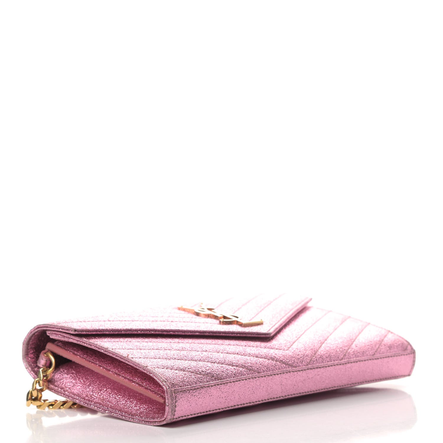 Saint Laurent Metallic Crackled Calfskin Matelasse Chevron Monogram Chain Wallet Light Pink 3 of 5