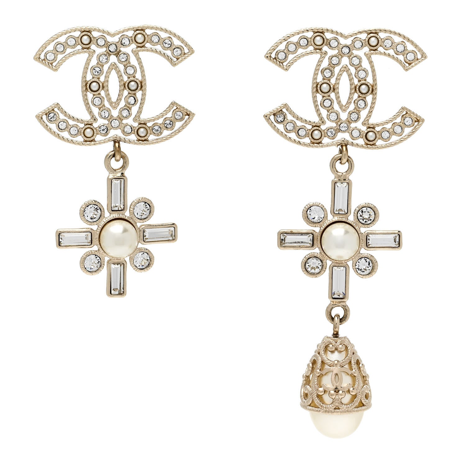Chanel Metal Pearl Crystal CC Twist Teardrop Drop Earrings Gold 1 of 5