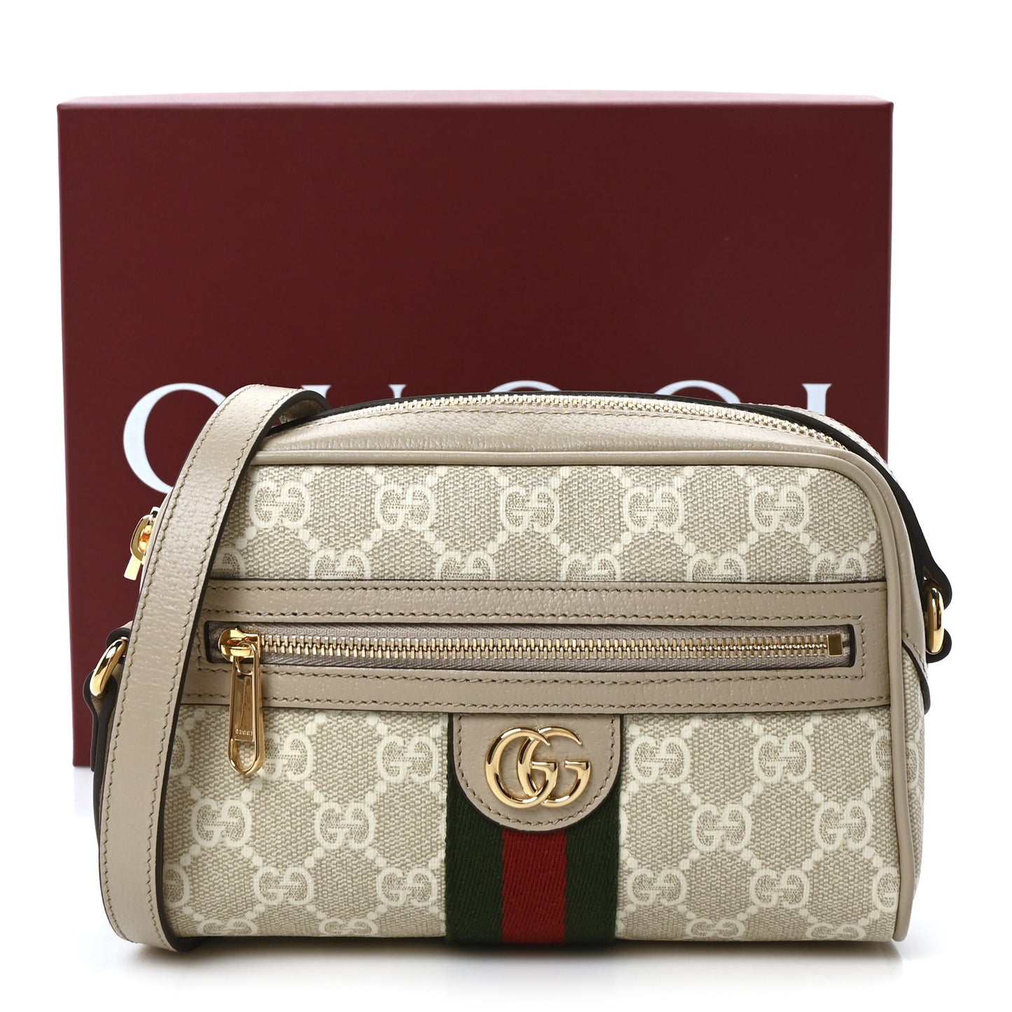 GG Supreme Monogram Textured Dollar Calfskin Mini Ophidia Shoulder Bag Beige Mystic White Oatmeal