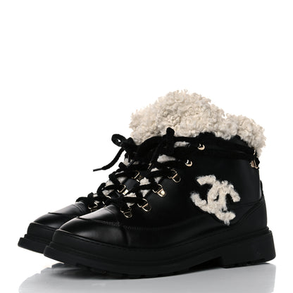 Chanel Calfskin Shearling CC Lace Up Boots 41 Black 3 of 7