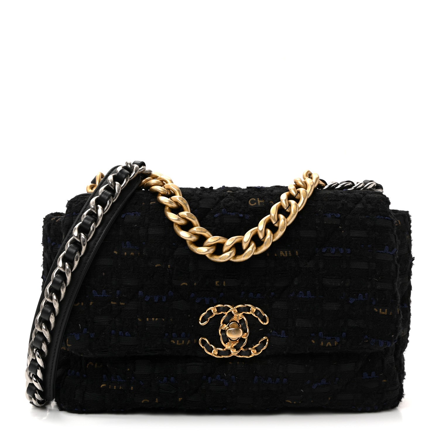 Chanel Tweed Quilted Medium Chanel 19 Flap Navy Blue Black 1 of 10