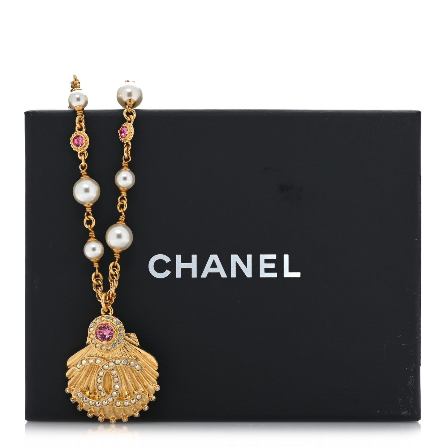 Metal Pearl Crystal CC Shell Necklace Gold Pink Multicolor