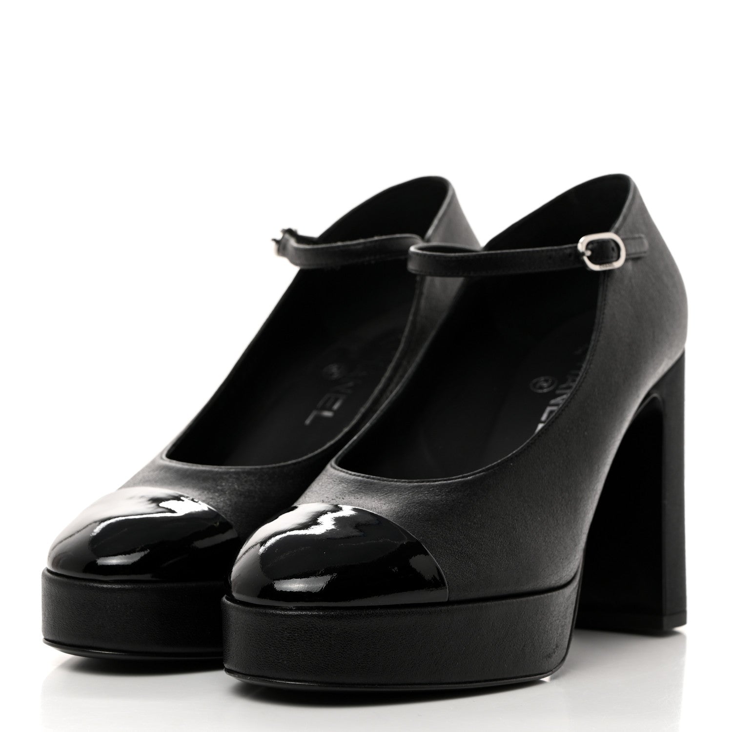 Chanel Lambskin Patent Cap Toe Mary Jane Platform Pumps 38.5 Black 3 of 9