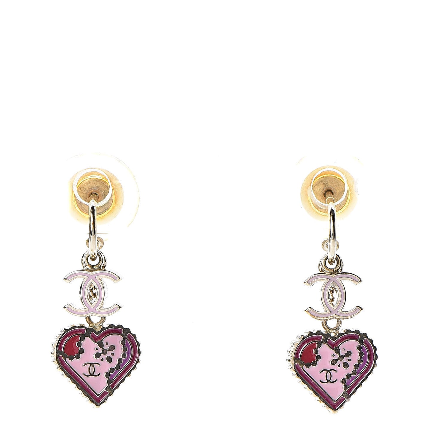 Enamel Valentine CC Heart Drop Earrings Pink Gold