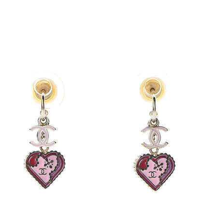 Chanel Enamel Valentine CC Heart Drop Earrings Pink Gold 1 of 5