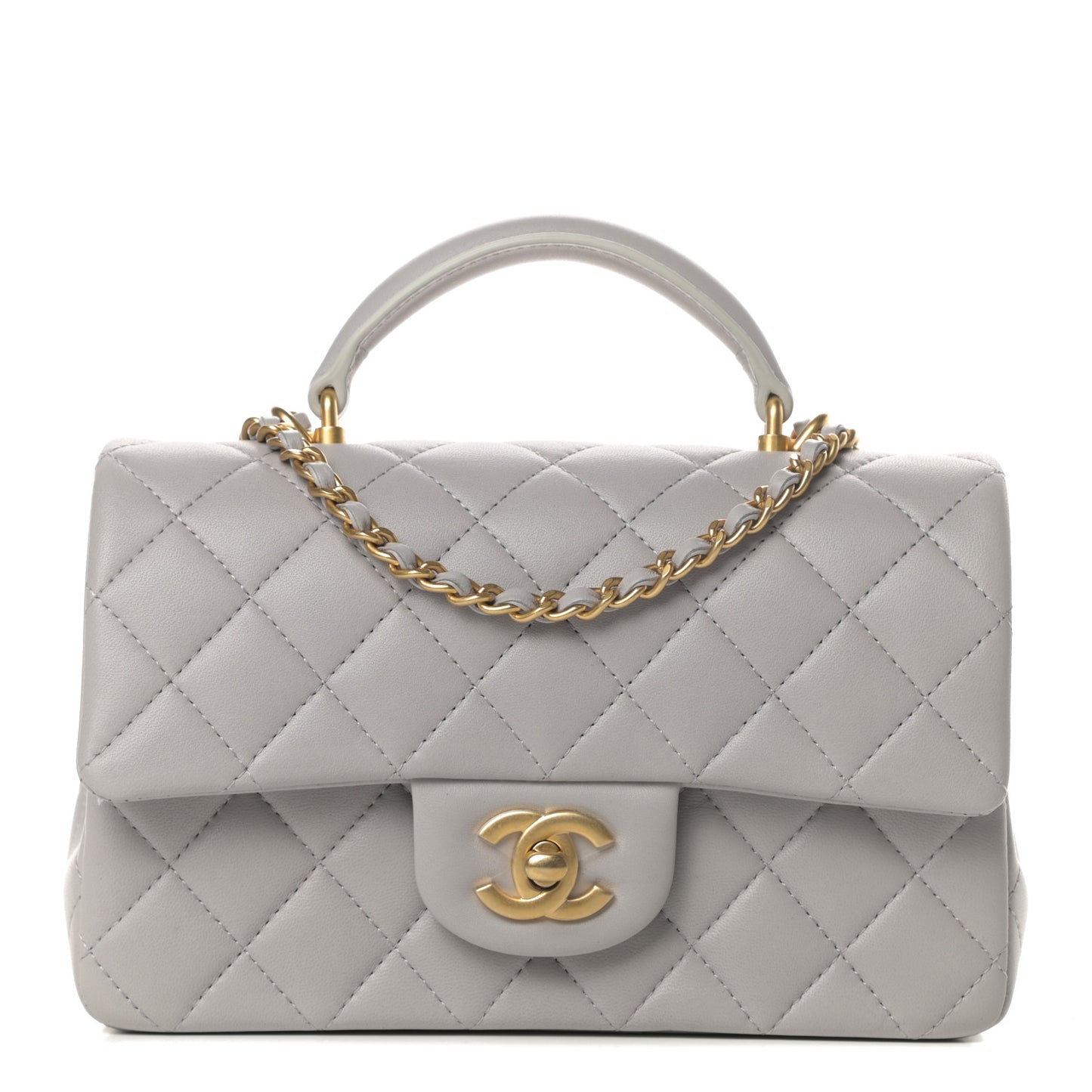 Lambskin Quilted Mini Top Handle Rectangular Flap Grey
