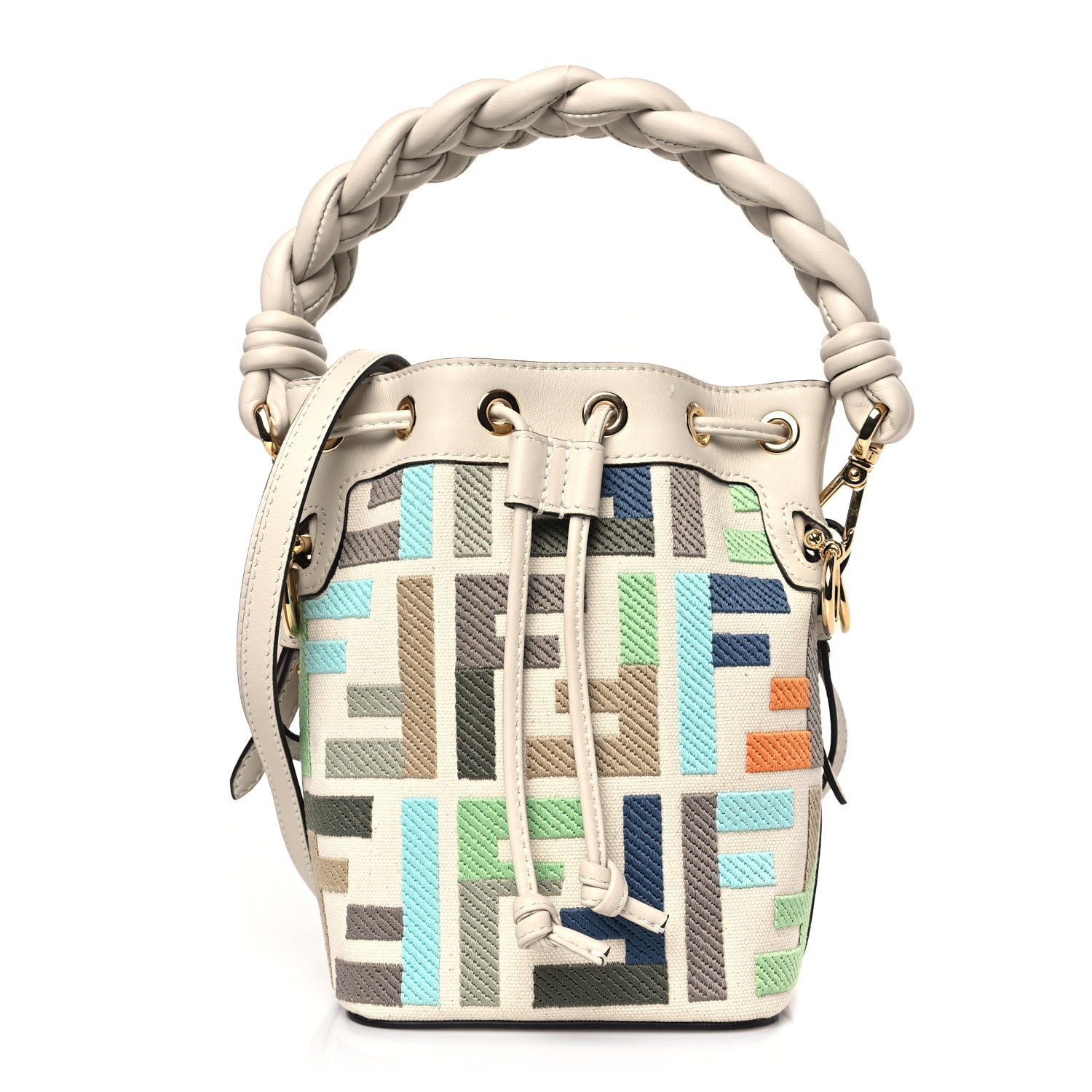 Fendi Canvas Vitello Grace F is Fendi FF Multicolor Embroidered Mini Mon Tresor Bucket Bag Grezzo Multicolor Latte 1 of 9