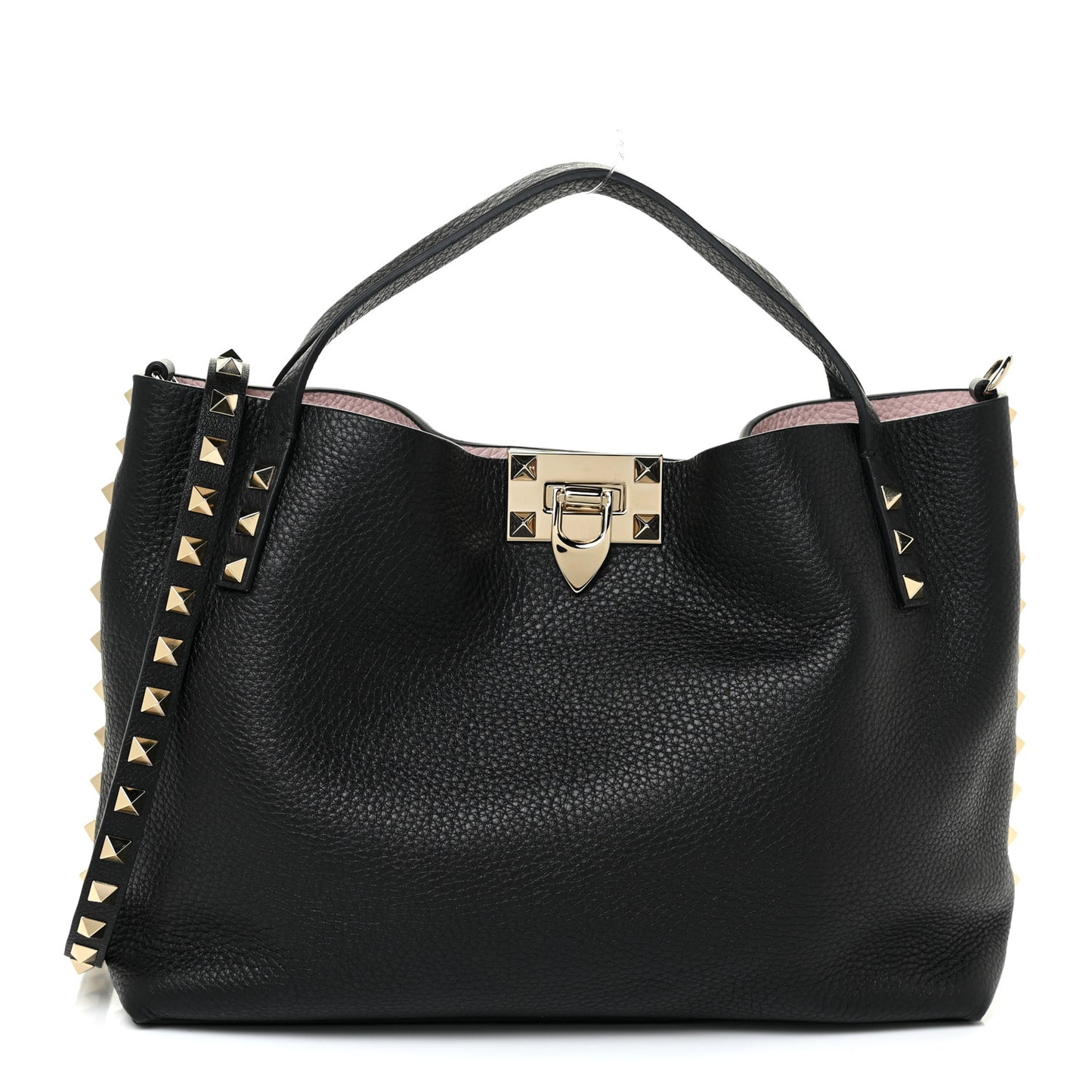 Grained Calfskin Small Rockstud Flip Lock Tote Black Rose Quartz