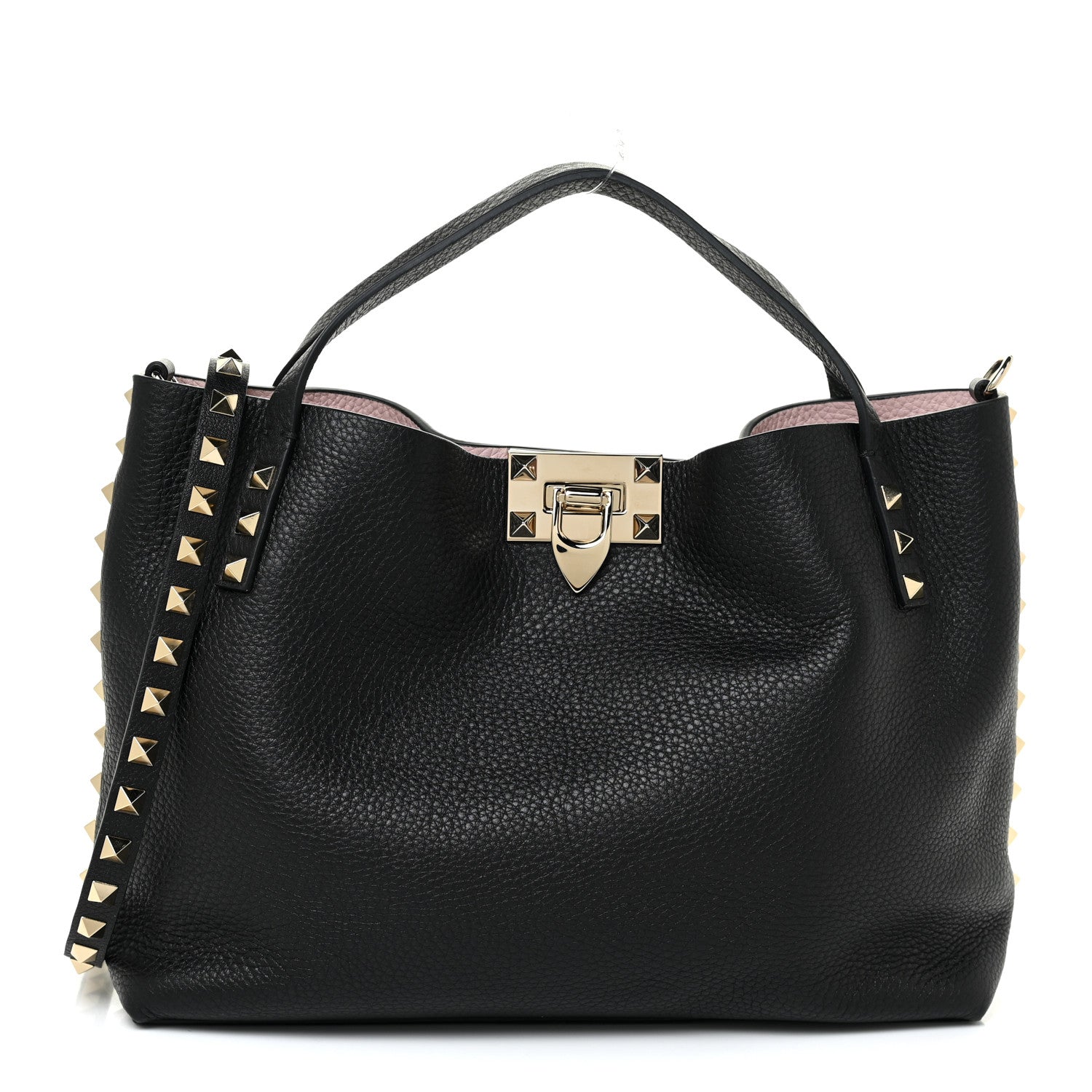 Valentino Garavani Grained Calfskin Small Rockstud Flip Lock Tote Black Rose Quartz 1 of 13