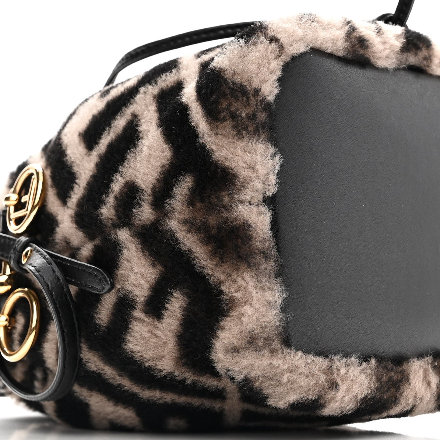 Shearling F is Fendi Macro FF 1974 Diagonal Mini Mon Tresor Bucket Bag Dove Black