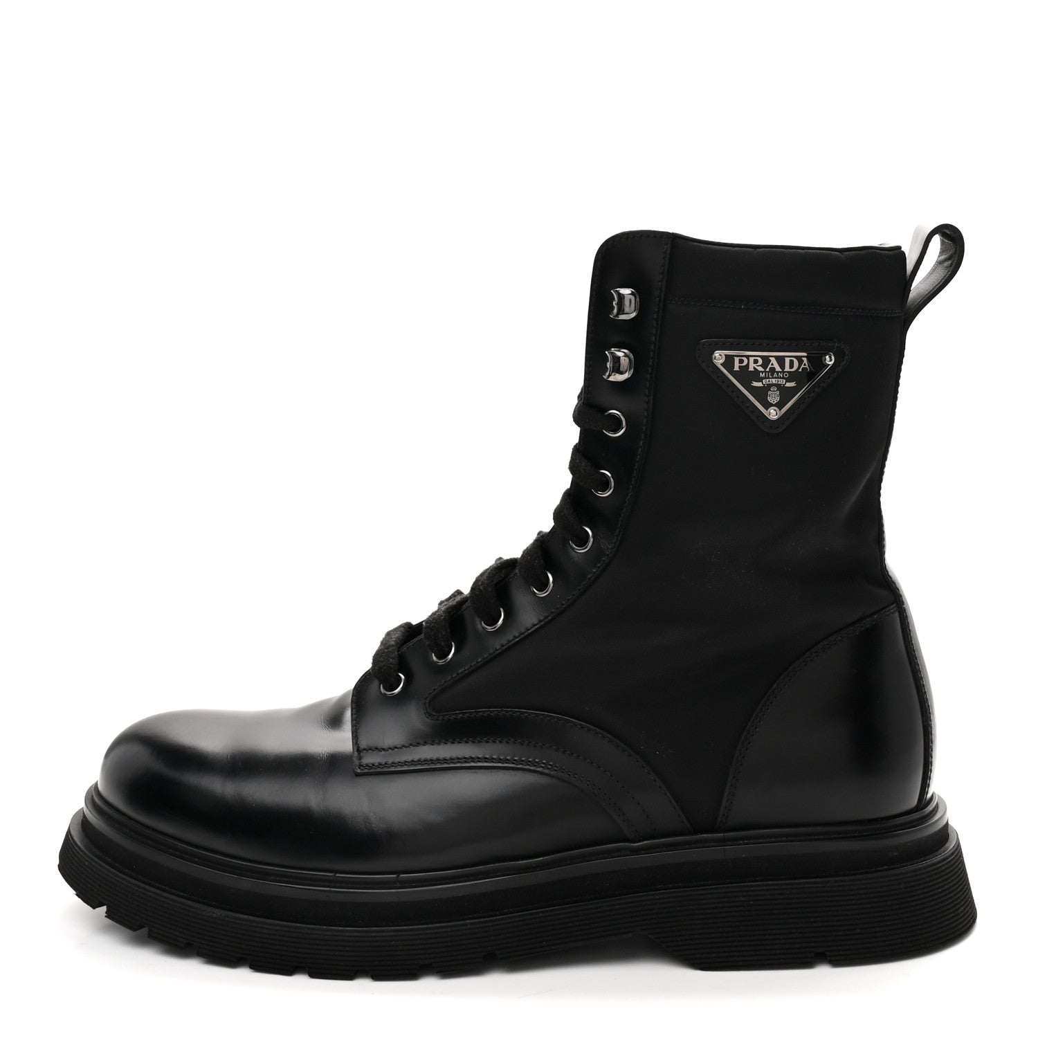 Prada Spazzolato Rois Re-Nylon Metal Triangle Logo Mens 40mm Combat Boots 10 Black 1 of 9
