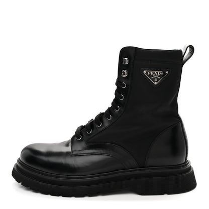 Prada Spazzolato Rois Re-Nylon Metal Triangle Logo Mens 40mm Combat Boots 10 Black 1 of 9