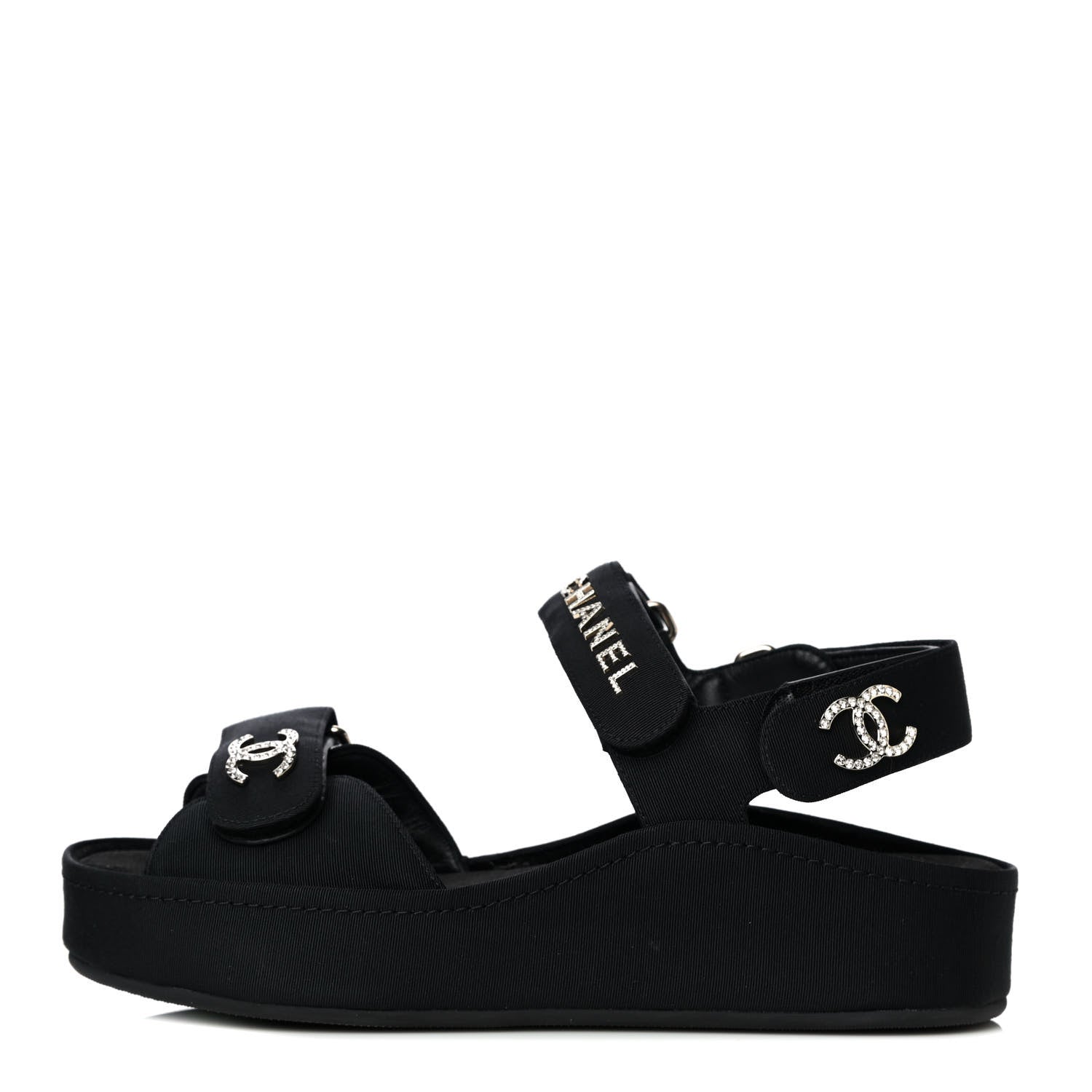Chanel Grosgrain Crystal Logo Platform Sandals 36 Black 1 of 16