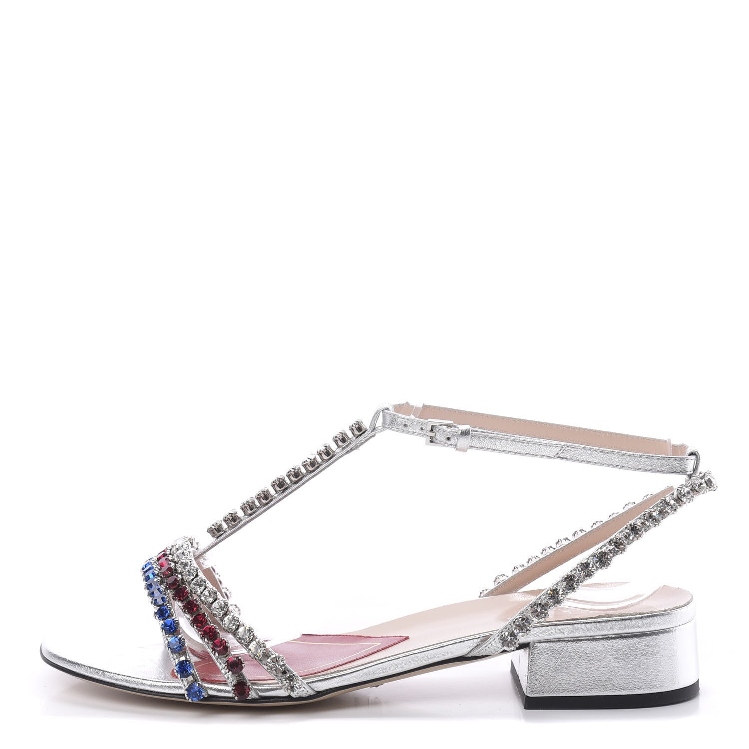 Gucci Nappa Silk Crystal Bertie T-Strap Low Heel Sandals 36 Argento 1 of 8