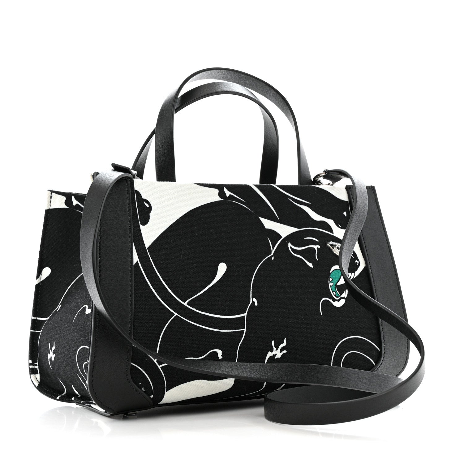 Valentino Garavani Canvas Panther Calfskin Crystal Small Vlogo Signature Tote Black White 3 of 12