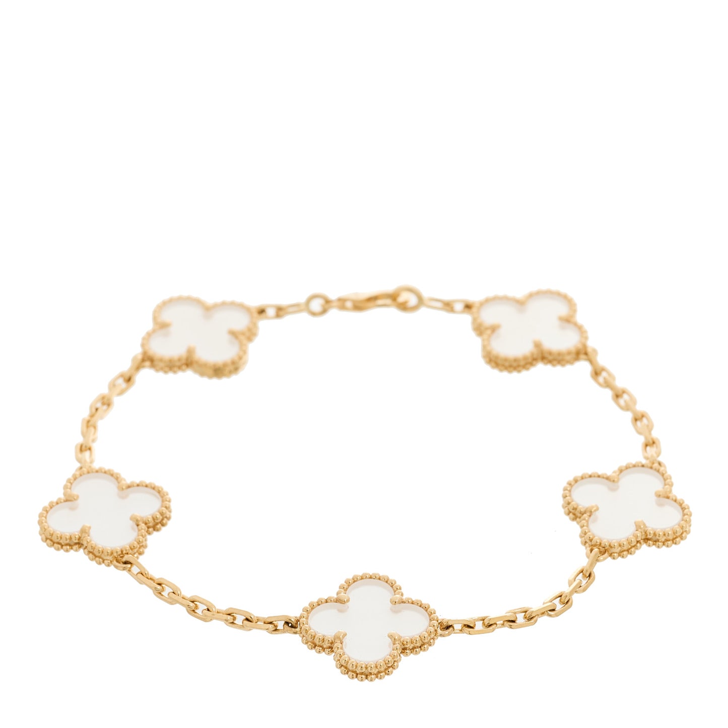 18K Yellow Gold Rock Crystal 5 Motifs Vintage Alhambra Bracelet