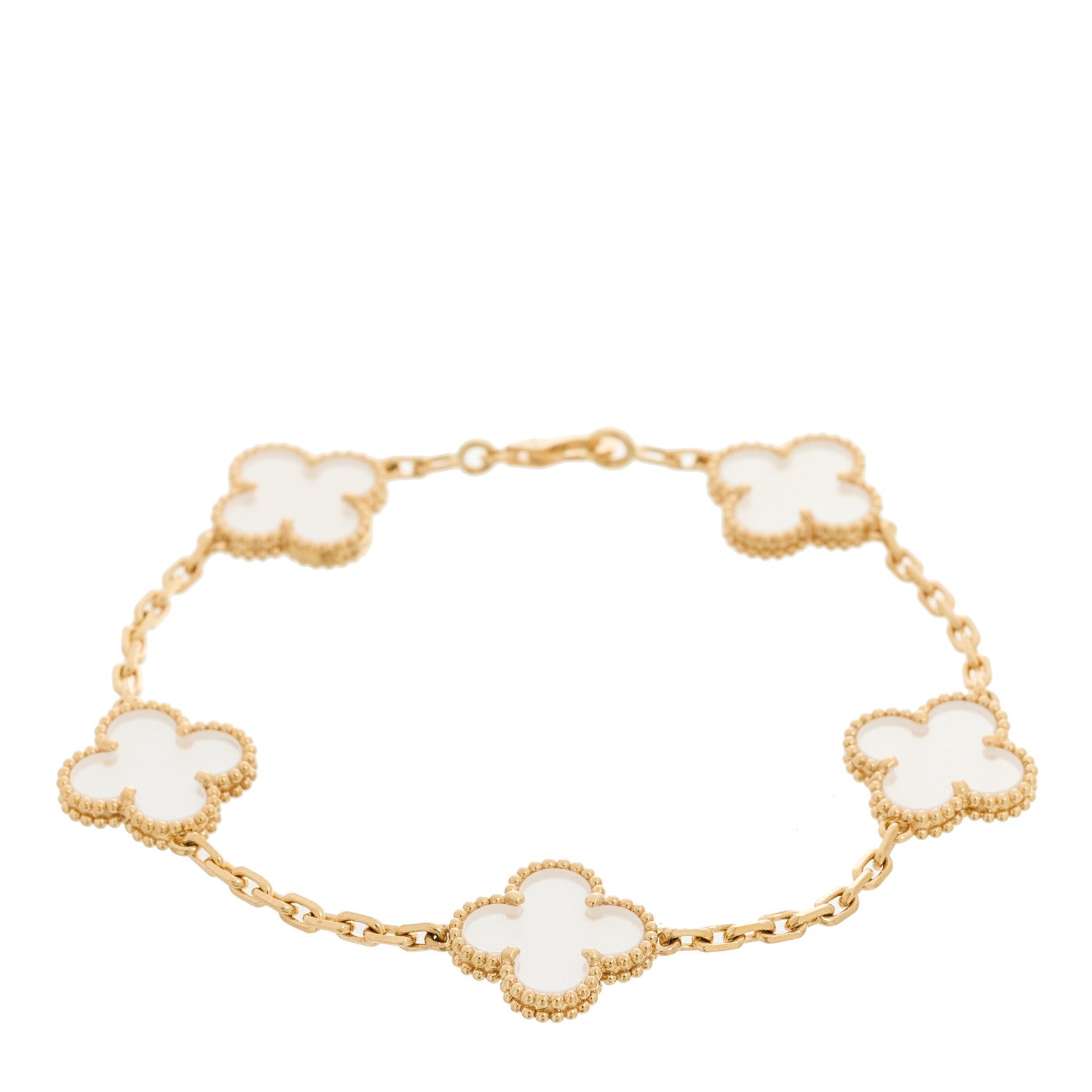 Van Cleef & Arpels 18K Yellow Gold Rock Crystal 5 Motifs Vintage Alhambra Bracelet 2 of 9