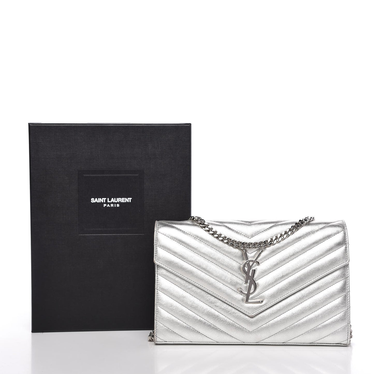 Metallic Grain De Poudre Matelasse Chevron Monogram Chain Wallet Silver