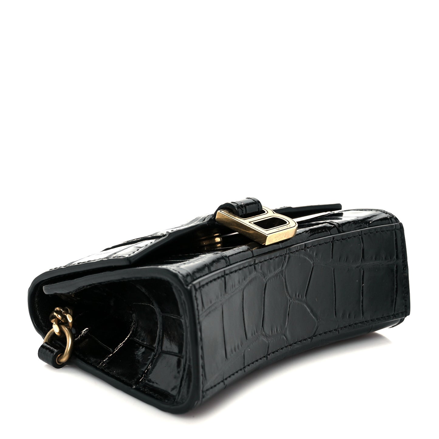 Shiny Calfskin Crocodile Embossed Hourglass Chain Cardholder Black
