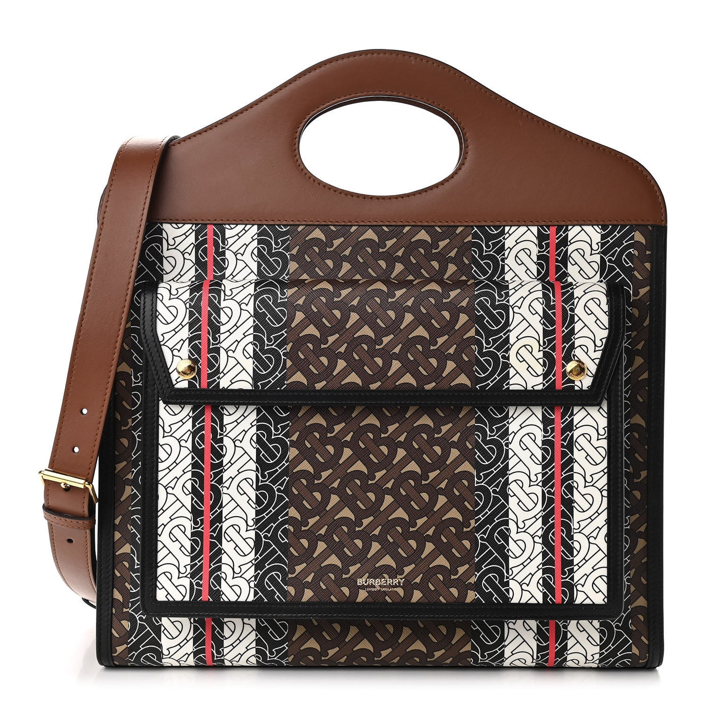 E-Canvas Monogram Stripe Medium Pocket Bag Bridle Brown