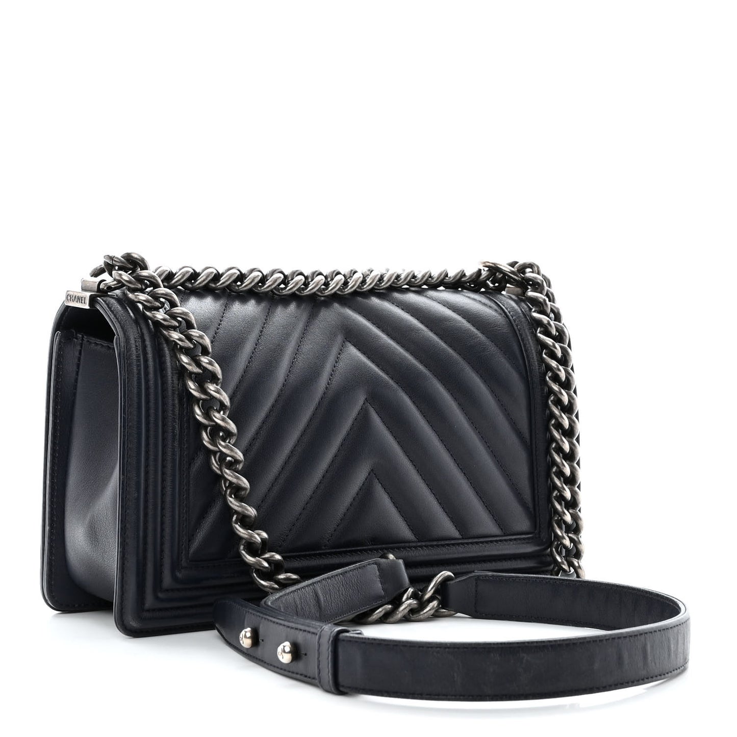 Calfskin Chevron Medium Boy Flap Navy