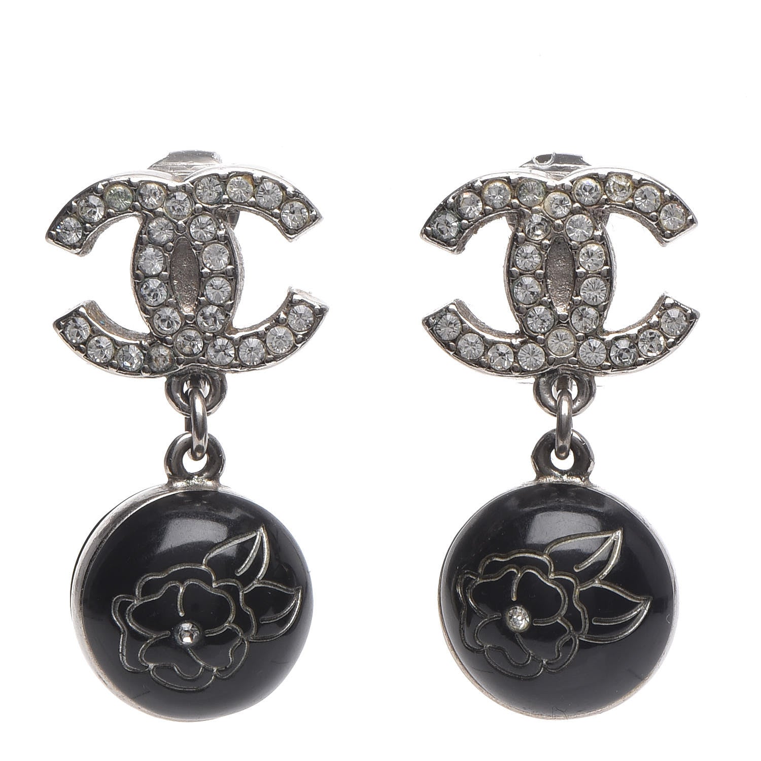 Chanel Crystal CC Camellia Drop Clip On Earrings 1 of 7