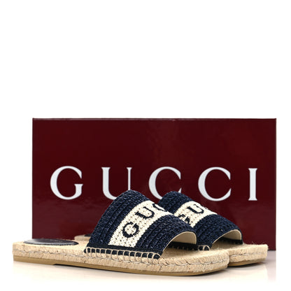 Gucci Macrochet Raffia Logo Flat Slide Espadrille Sandals 37.5 Blue Great White 10 of 10