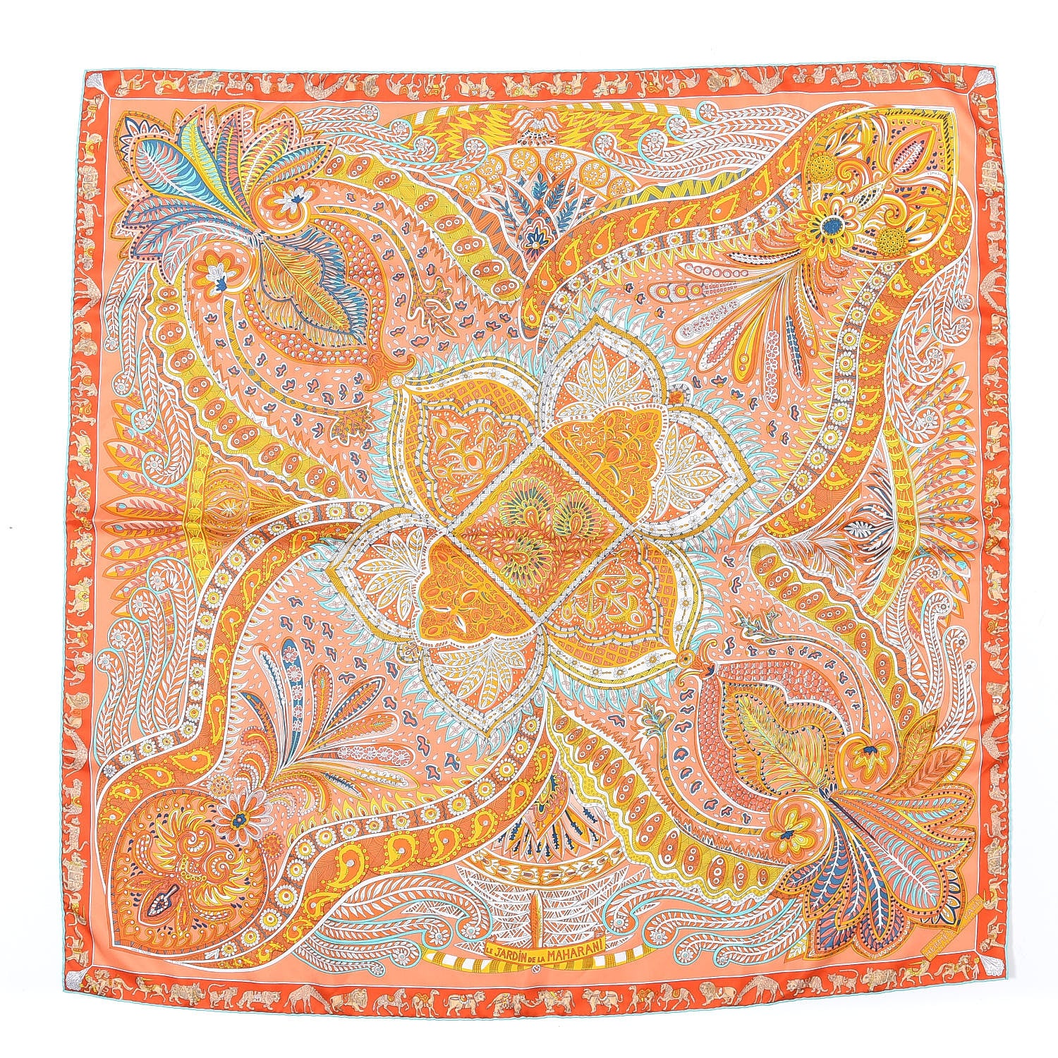 Hermes Silk Le Jardin De La Maharani Scarf 90 Saumon Orange Turquoise 1 of 5