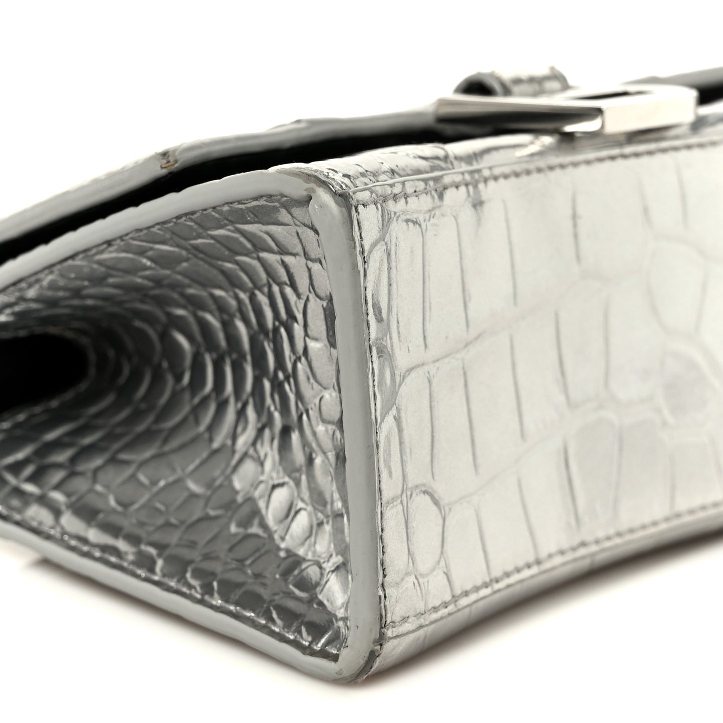 Metallic Calfskin Crocodile Embossed Hourglass Top Handle Bag XS Silver