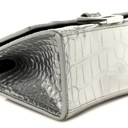 Balenciaga Metallic Calfskin Crocodile Embossed Hourglass Top Handle Bag XS Silver 10 of 11