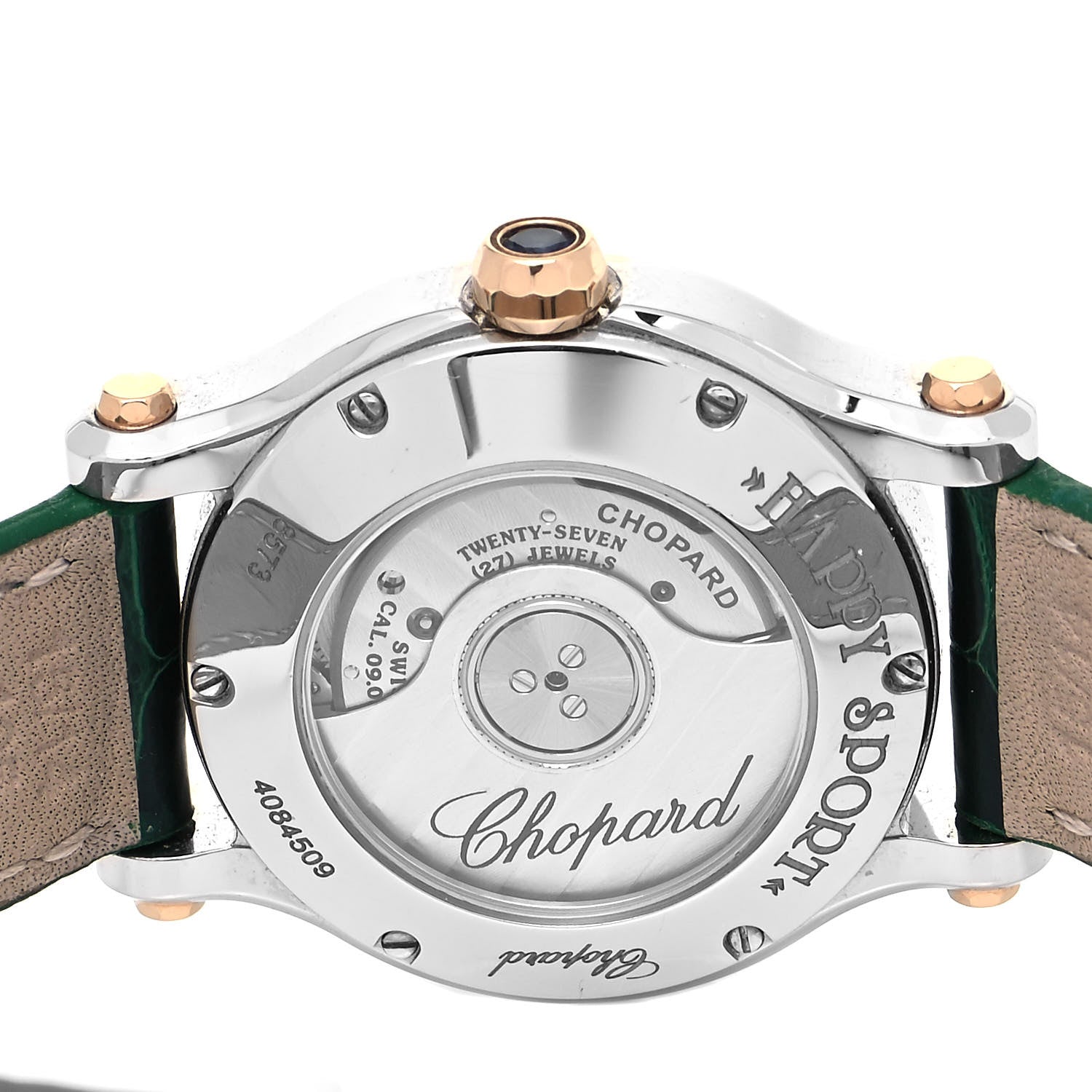 Chopard Stainless Steel 18K Rose Gold Alligator 5 Diamond Mother of Pearl 30mm Happy Sport Automatic Watch Green 4 of 6