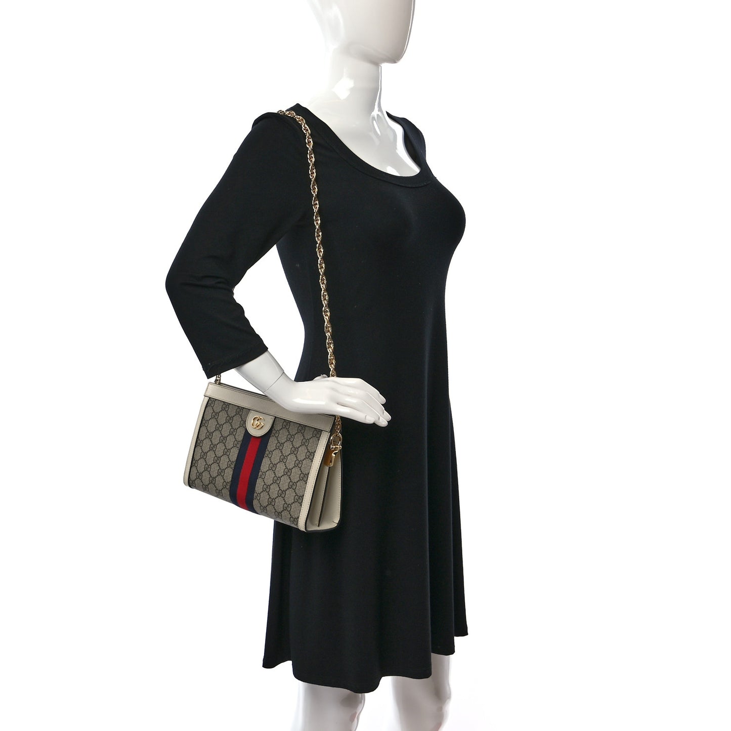 GG Supreme Monogram Textured Calfskin Web Small Ophidia Chain Shoulder Bag Beige Ebony Mystic White