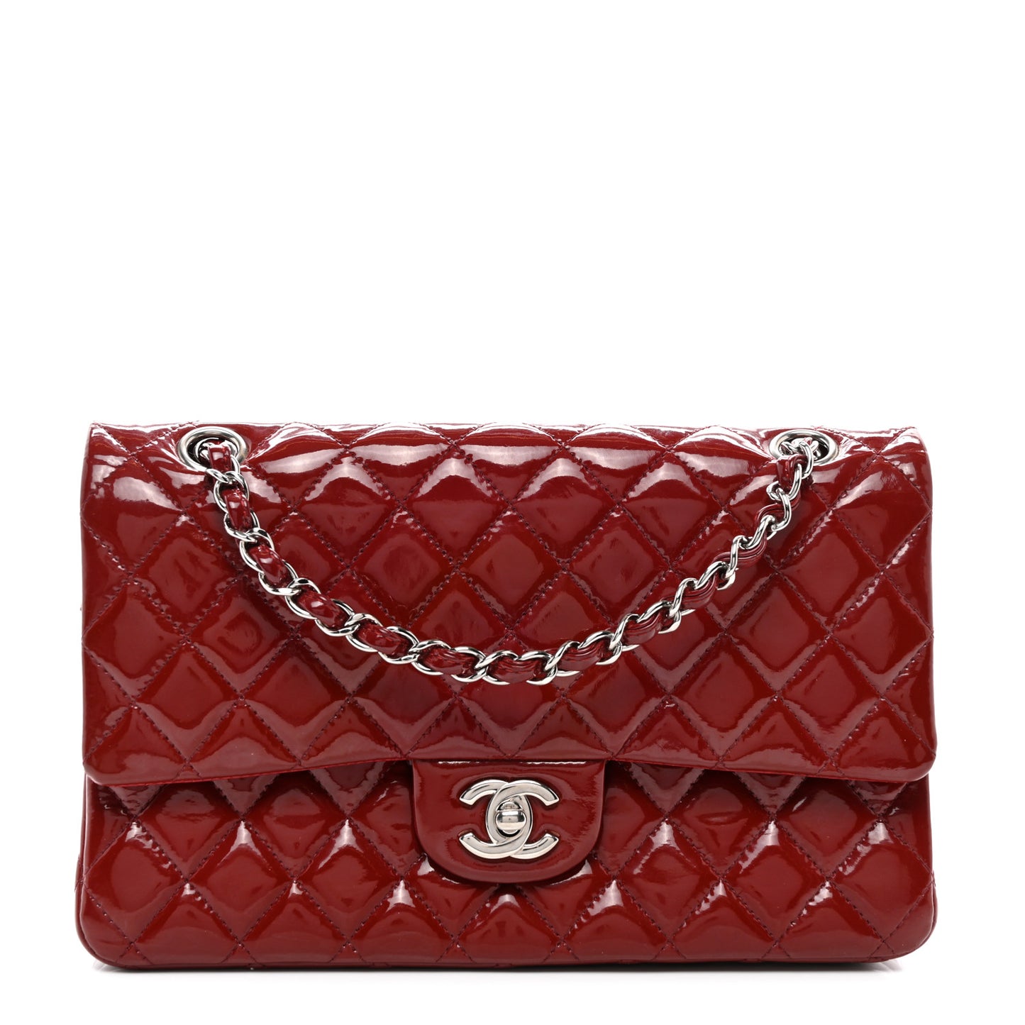 Patent Calfskin Quilted Medium Double Flap Dark Red