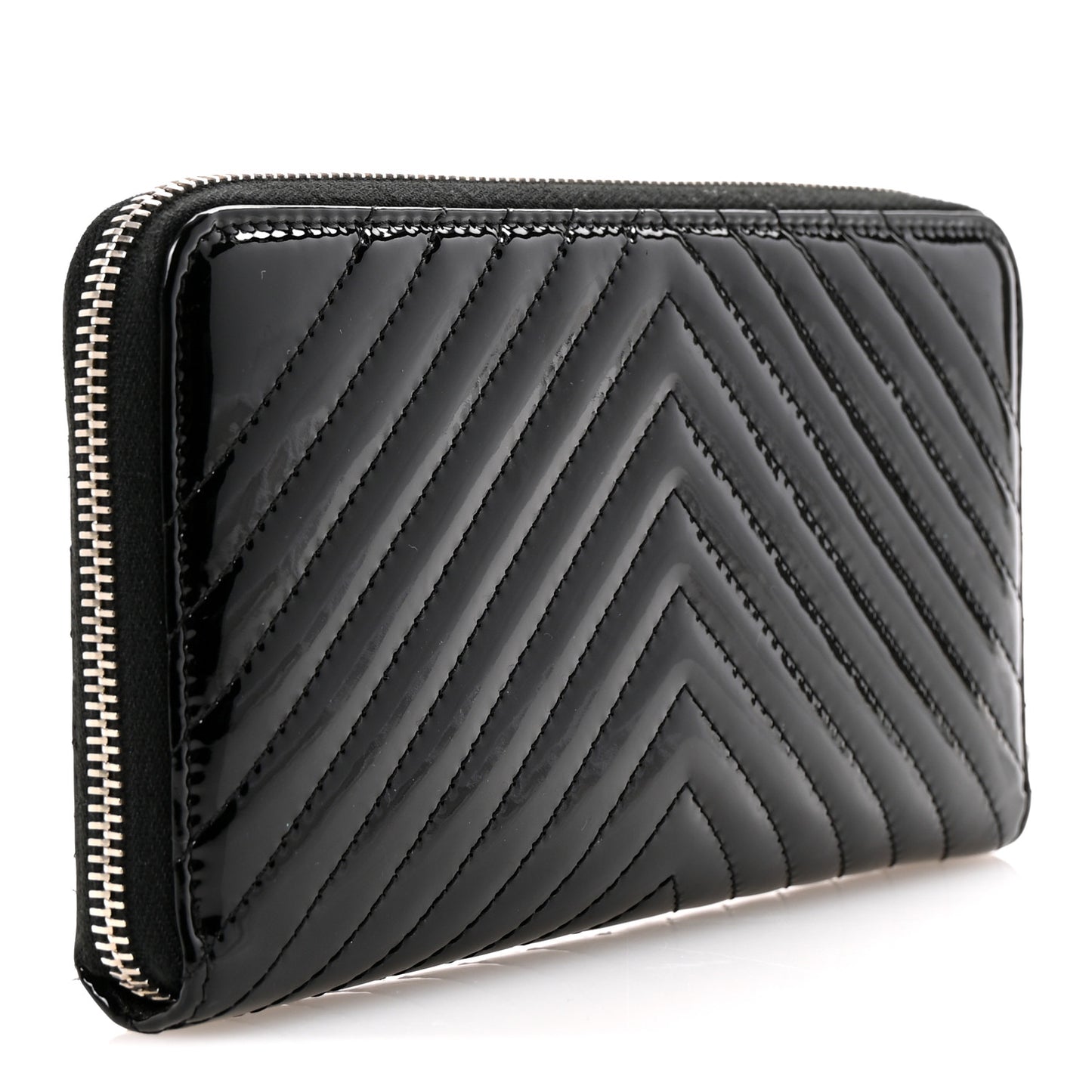 Patent Chevron Quilted CC Zip Around Wallet Black