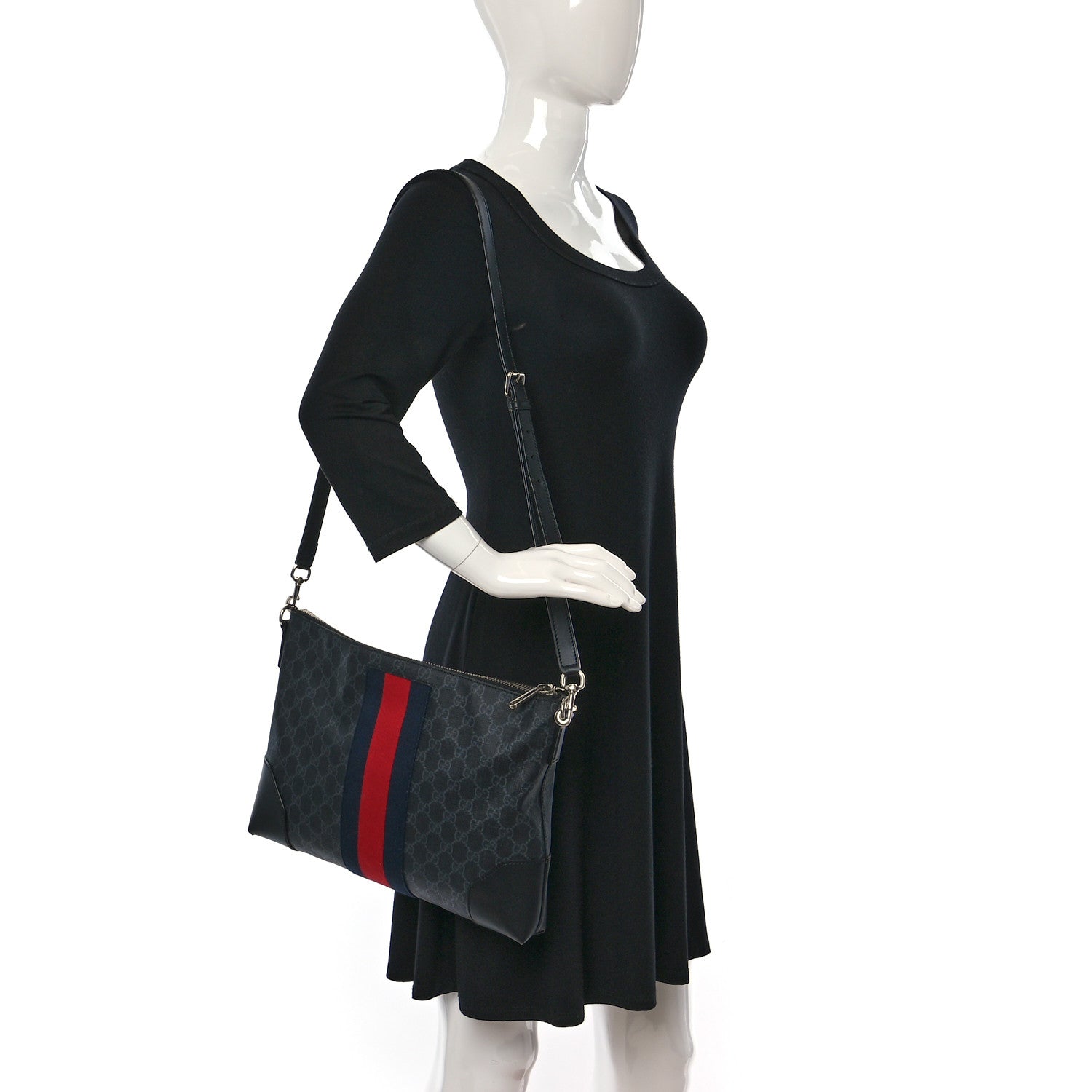 Gucci Soft GG Supreme Monogram Appia Calfskin Web East West Messenger Bag Black Grey 2 of 9