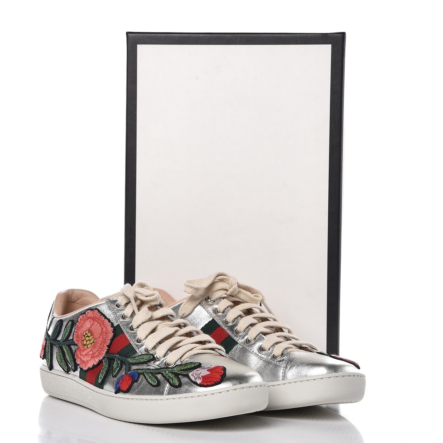 Metallic Calfskin Floral Embroidered Ace Sneakers 36.5 Silver