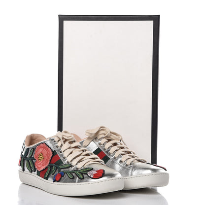 Gucci Metallic Calfskin Floral Embroidered Ace Sneakers 36.5 Silver 11 of 11