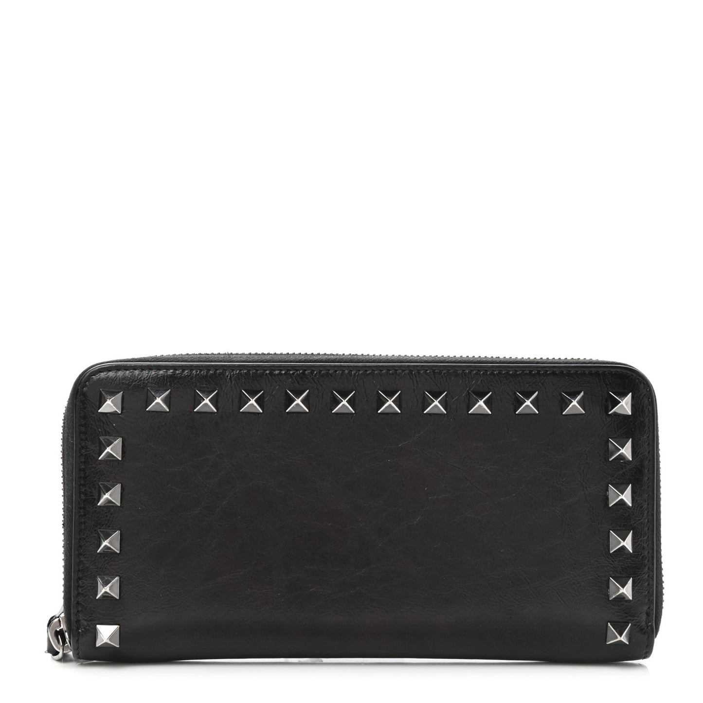Craquele Calfskin Rockstud Zip Around Wallet Black