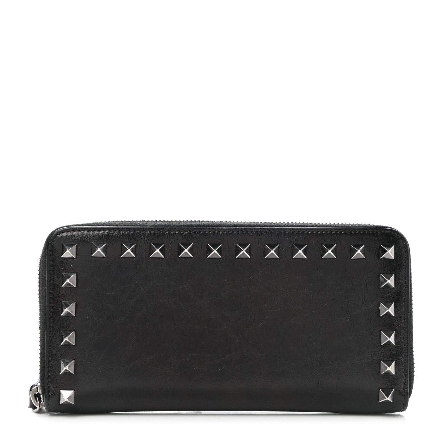 Valentino Garavani Craquele Calfskin Rockstud Zip Around Wallet Black 1 of 10
