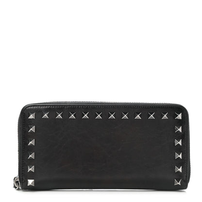 Valentino Garavani Craquele Calfskin Rockstud Zip Around Wallet Black 1 of 10
