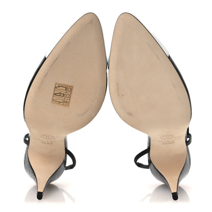 Chanel Patent Calfskin Crocodile Embossed Cap Toe CC Slingback Pumps 38.5 Dark Grey White 7 of 11
