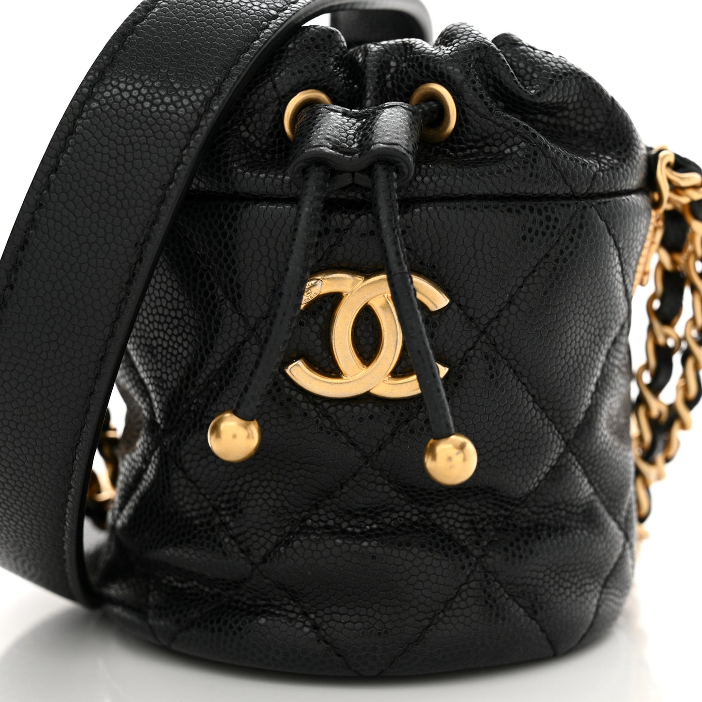 Caviar Quilted Twist Your Buttons Micro Bucket Bag Black